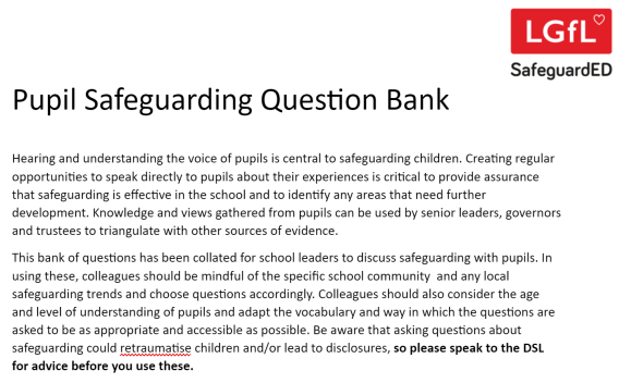 Pupil Safeguarding Question Bank Screenshot